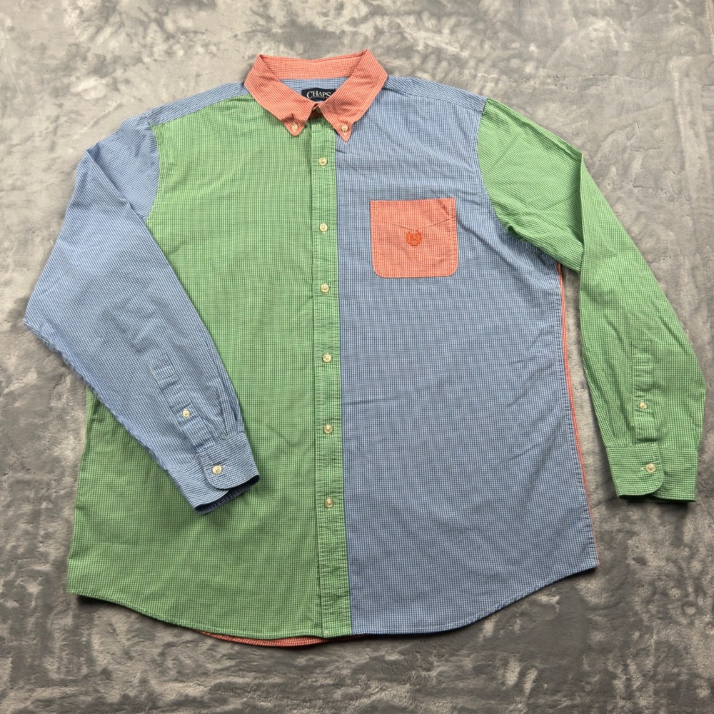 Chaps Mens XL Gingham Colorblock Button Down Shirt Blue Green Orange Easy Care